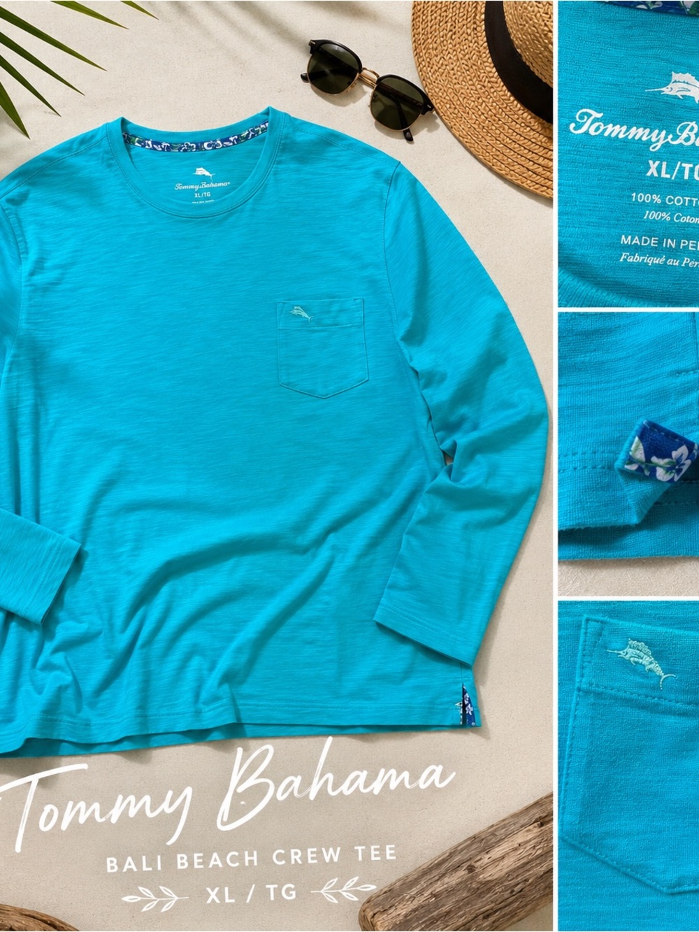 Tommy Bahama Bali Beach Crew Tee XL NWT Blue Long Sleeve Pocket Shirt Coastal
